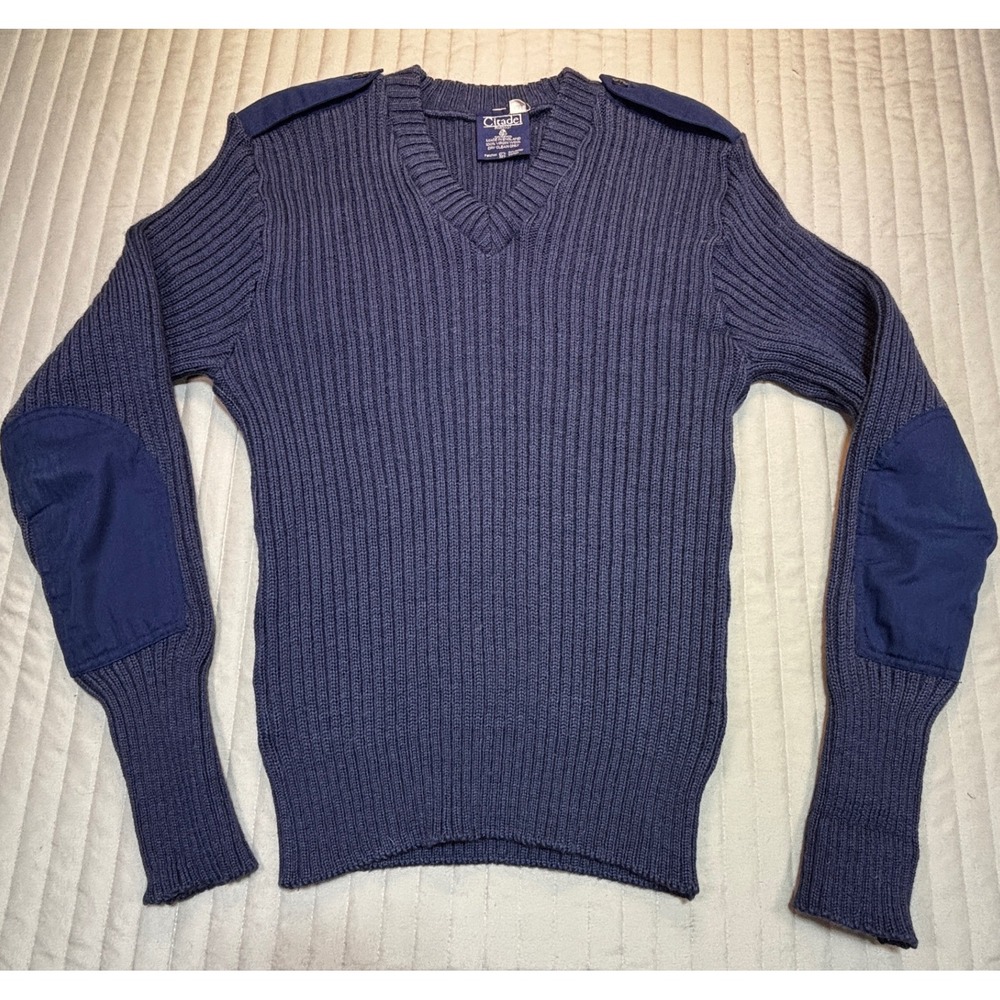 Vintage '87 Citadel Mens Navy Wool Military Wooly Pully Sweater England 42 Vneck